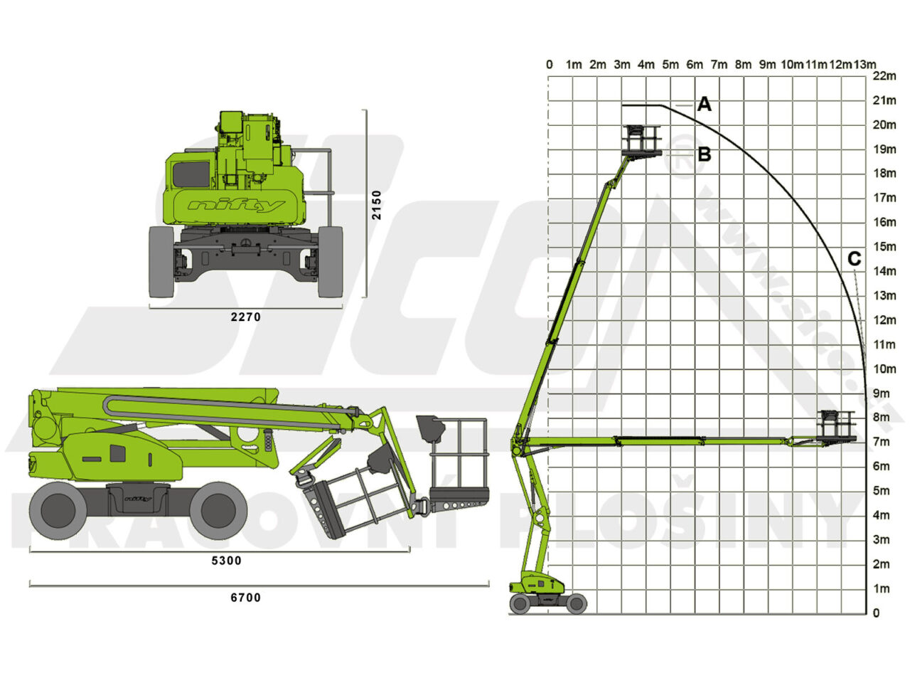 Niftylift HR21 Hybrid - pracovní diagram a rozměry
