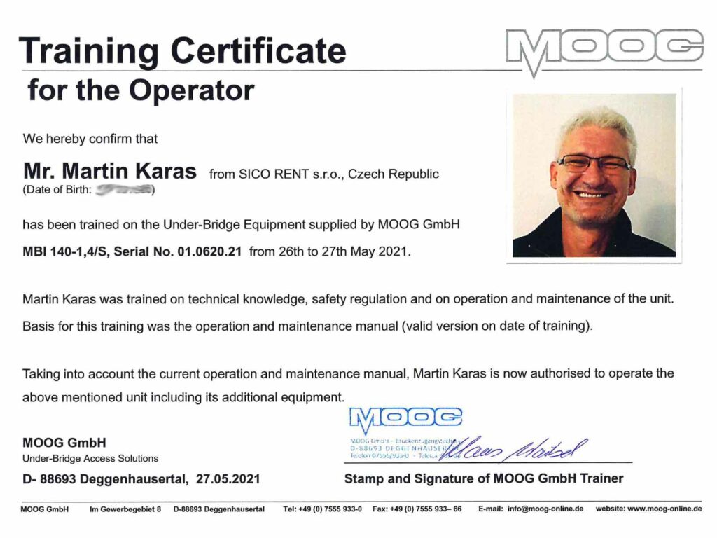 Certifikat MOOG - obsluha mostní prohlížečky MBI 140