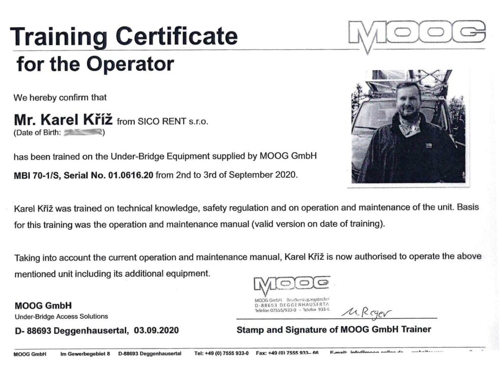 Certifikát MOOG - obsluha MBI 70