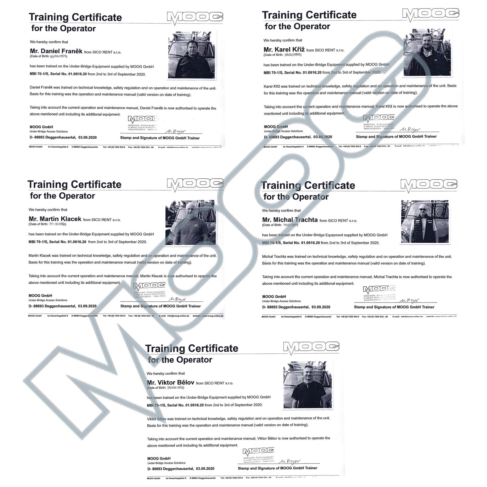 MOOG MBI 70-1/S - certifikace k obsluze